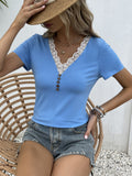 Ivy Lane Lace Trim V-Neck Short Sleeve Blouse