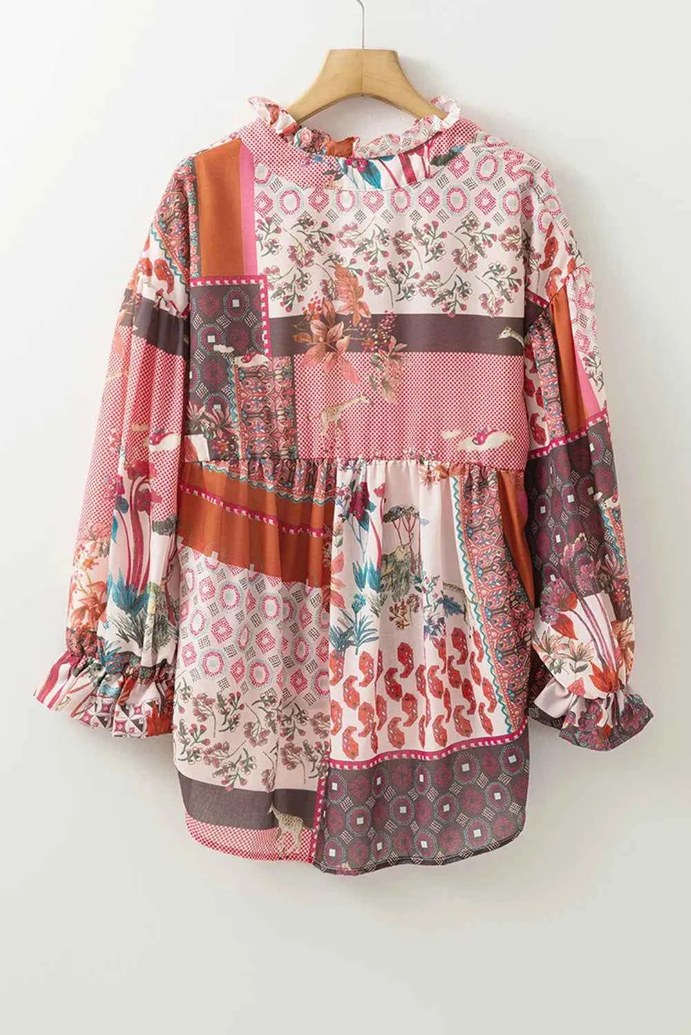 Patchwork Printed Notched Flounce Sleeve Shirt