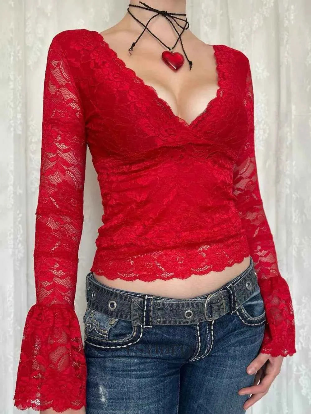 Lace Surplice Long Sleeve Blouse