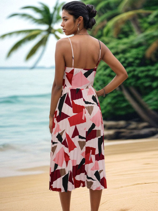 Perfee Pleated Geometric Spaghetti Strap Dress