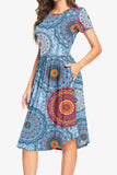 Printed Round Neck Short Sleeve Dress with Pockets