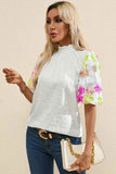 Sequin Flower Mock Neck Half Sleeve Blouse