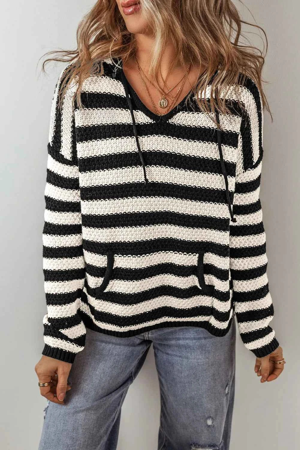 Drawstring Striped Long Sleeve Hooded Sweater