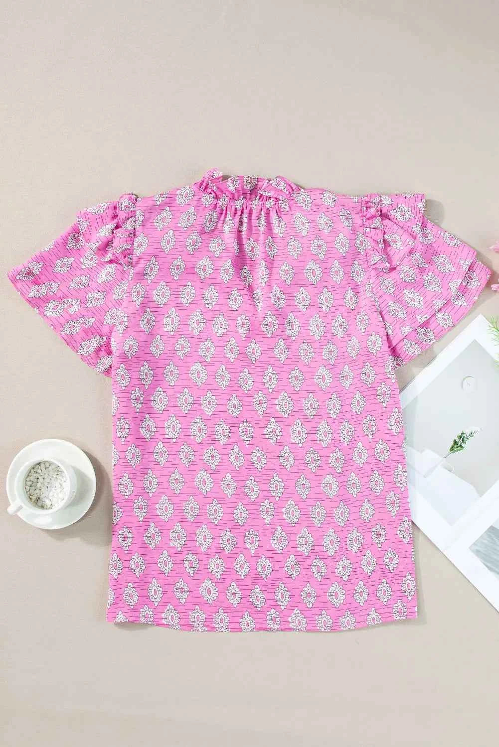 Ruffled Printed Tie Neck Short Sleeve Blouse