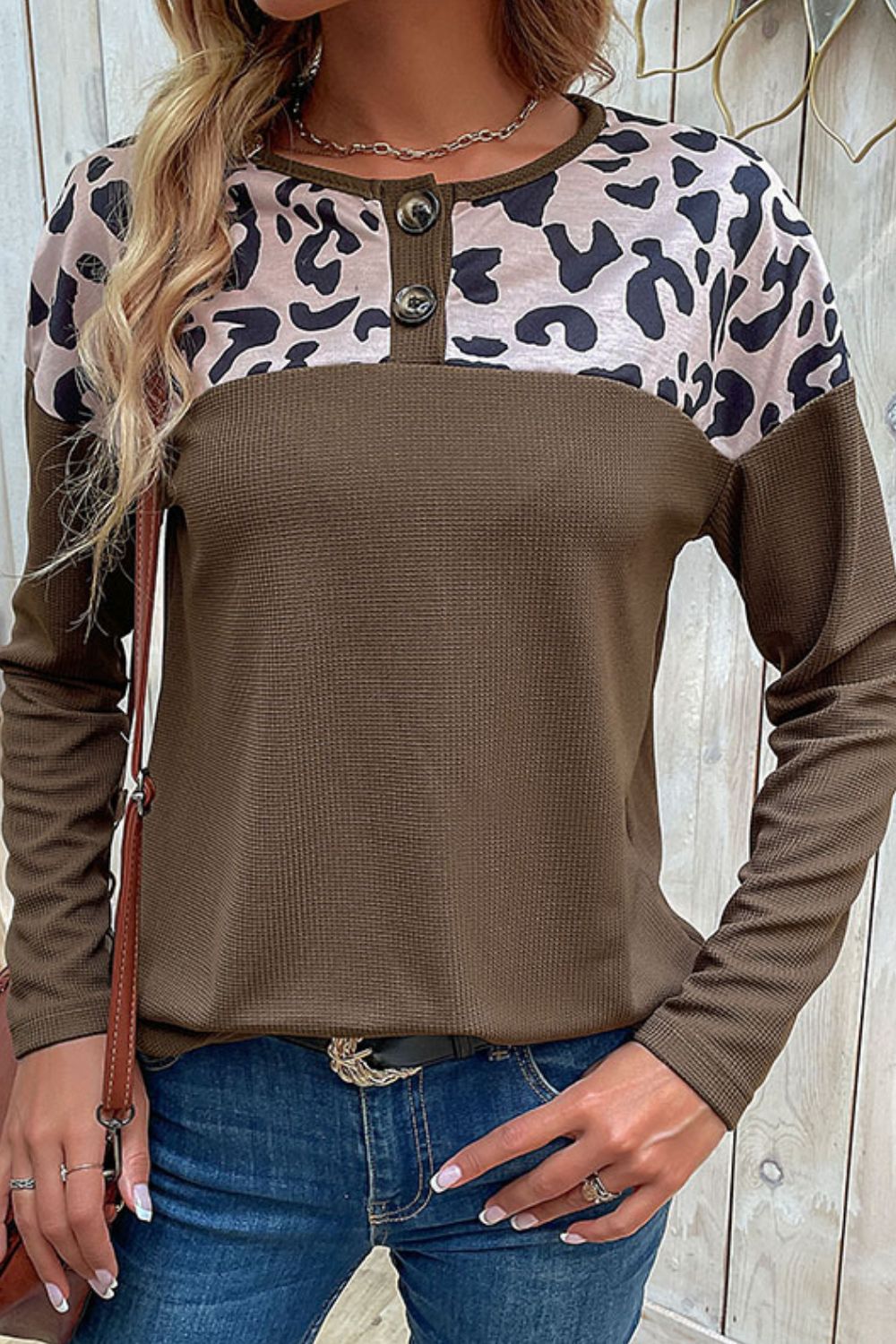Perfee Leopard Buttoned Round Neck Drop Shoulder Top