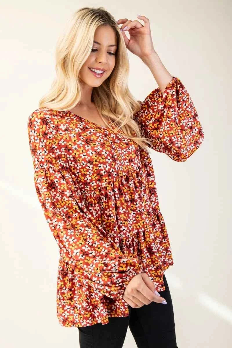 Celeste Full Size Floral V-Neck Balloon Sleeve Blouse
