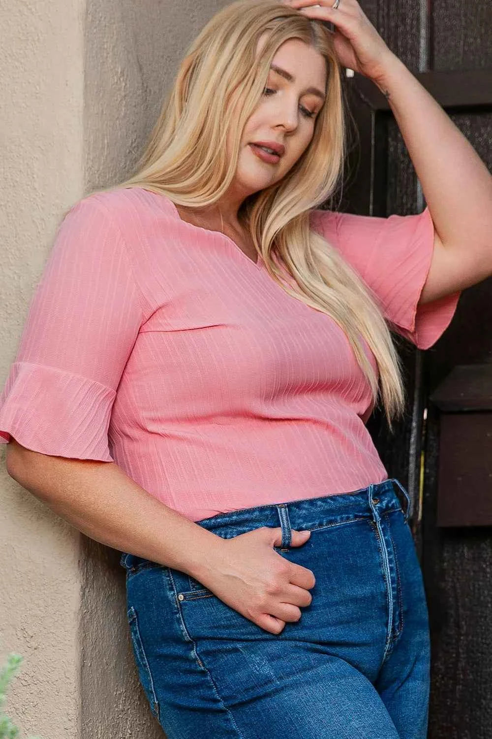 Plus Size V-Neck Half Sleeve Blouse