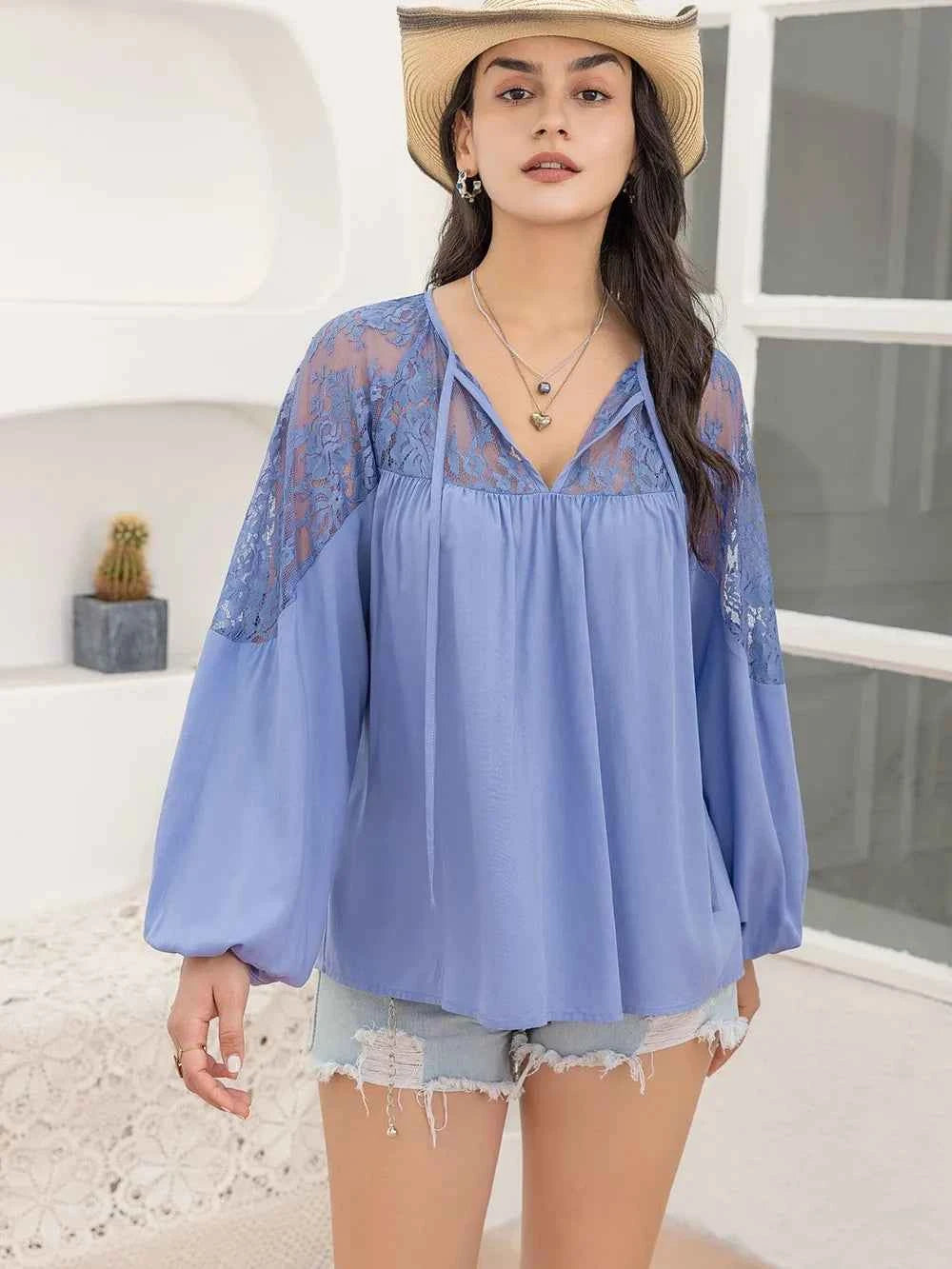 Lace Detail Tie Neck Balloon Sleeve Blouse
