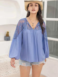 Lace Detail Tie Neck Balloon Sleeve Blouse