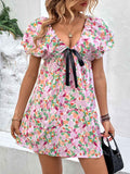 Perfee Printed V-Neck Puff Sleeve Mini Dress