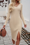 Devine Slit V-Neck Long Sleeve Midi Dress