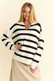 Davi & Dani High-Low Side Slit Striped Johnny Collar Sweater