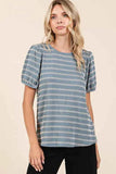 Mittoshop Contrast Striped Short Puff Sleeve Knit Top