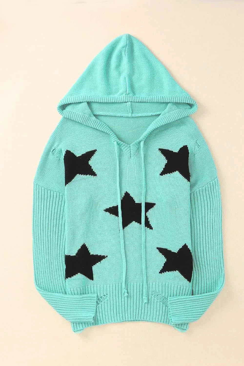 Distressed Drawstring Long Sleeve Hooded Sweater