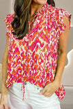 Ruffled Printed Tie Neck Cap Sleeve Blouse