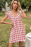 Ivy Lane Plaid Butterfly Sleeve Deep V Dress
