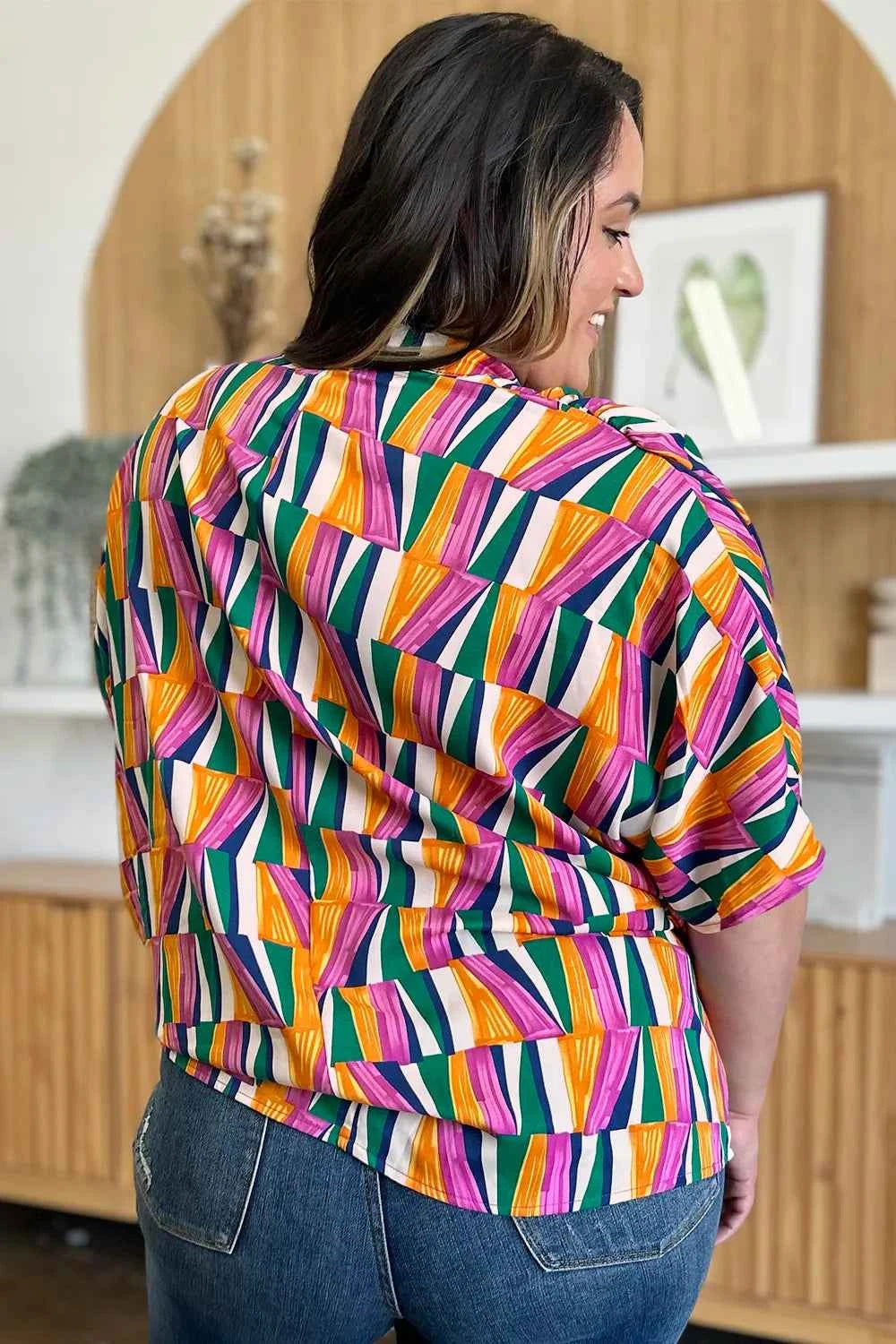 Double Take Full Size Geometric Notched Dolman Sleeve Top