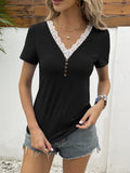 Ivy Lane Lace Trim V-Neck Short Sleeve Blouse