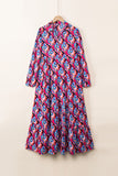Printed Collared Neck Long Sleeve Midi Dress