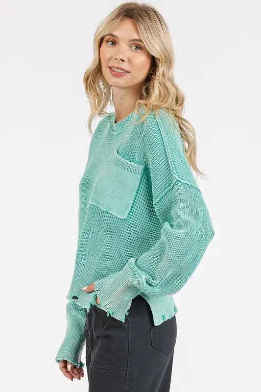 Mittoshop Distressed Hem Round Neck Dropped Shoulder Sweater