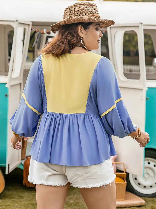 Plus Size Ruched Tie Neck Balloon Sleeve Blouse