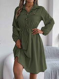 Collared Neck Long Sleeve Dress with Pockets