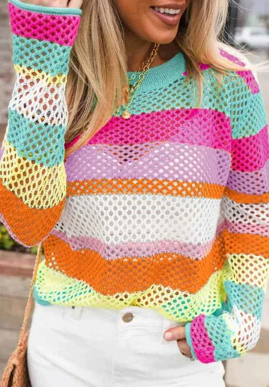 Openwork Contrast Striped Round Neck Knit Top