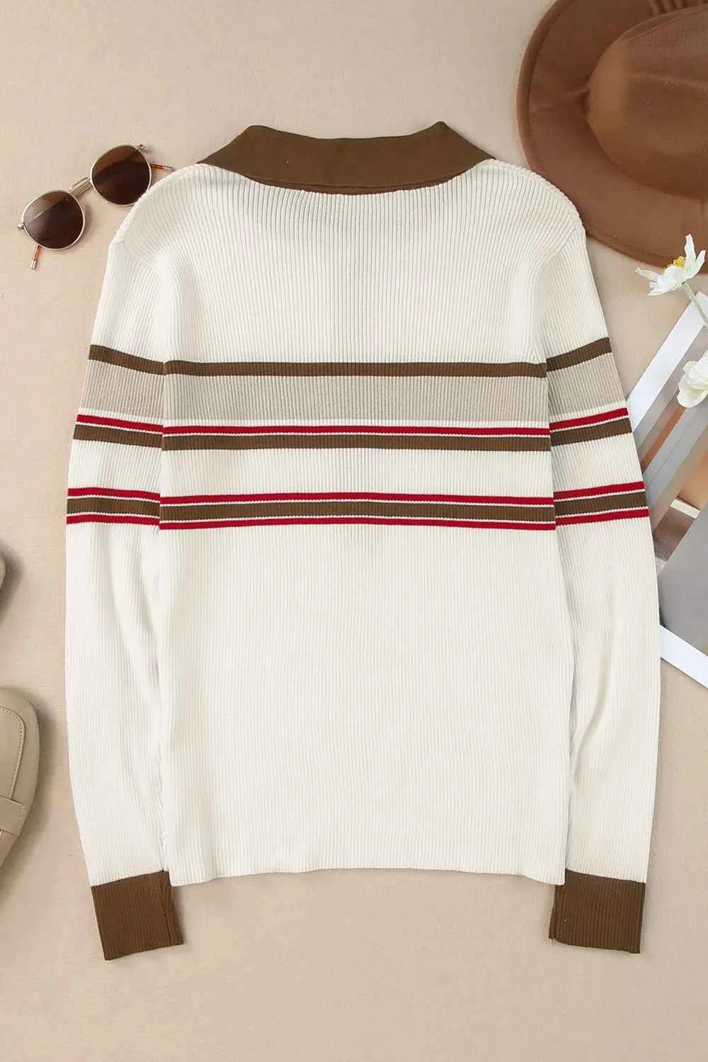 Half Button Contrast Stripe Long Sleeve Knit Top