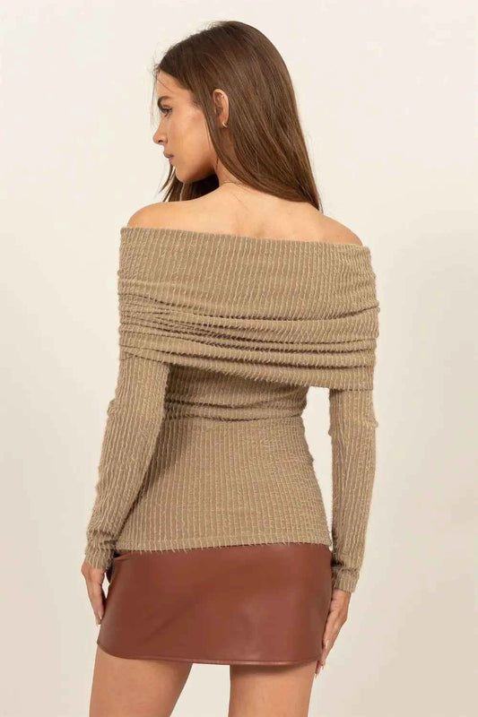 HYFVE Fuzzy Off Shoulder Textured Knit Top