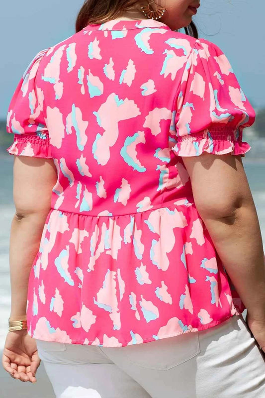 Plus Size Ruffled Printed Notched Short Sleeve Blouse