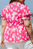Plus Size Ruffled Printed Notched Short Sleeve Blouse