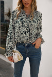 Ivy Lane Printed Tie Neck Frill Trim Flounce Sleeve Blouse