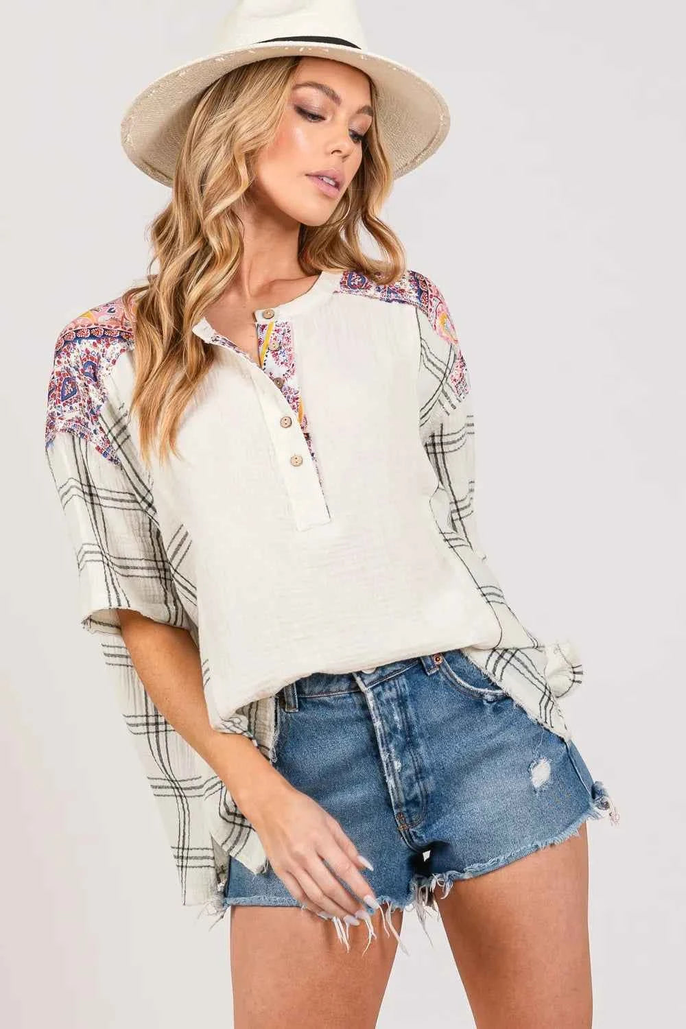 SAGE + FIG Plaid Half Button Gauze Top