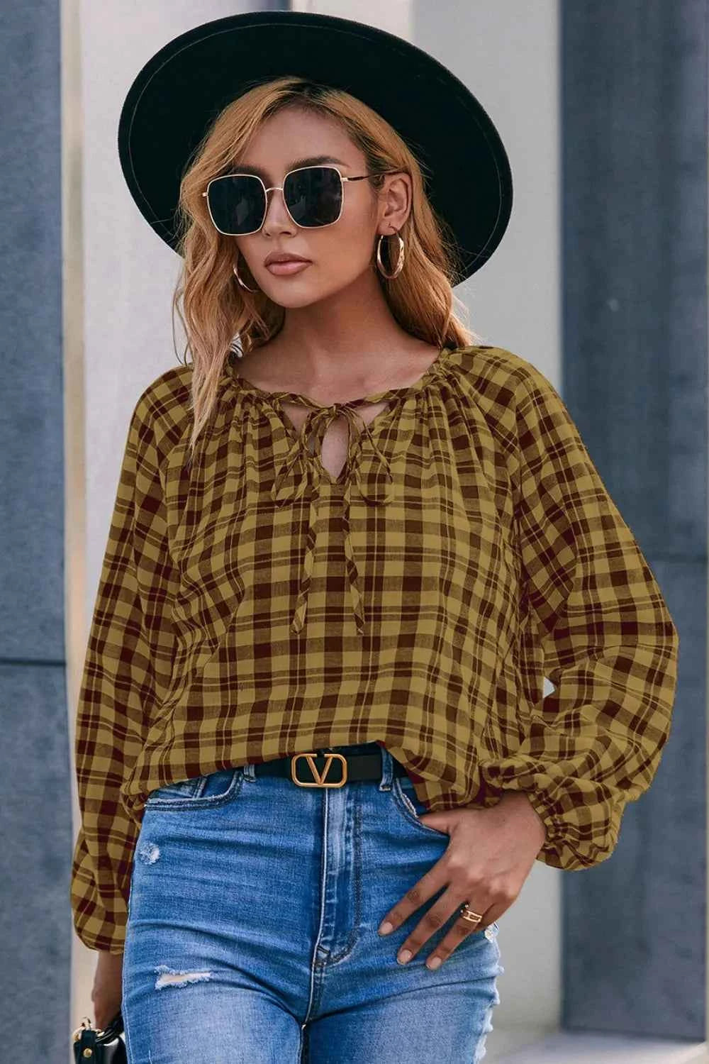 Ivy Lane Plaid Tie Neck Balloon Sleeve Blouse