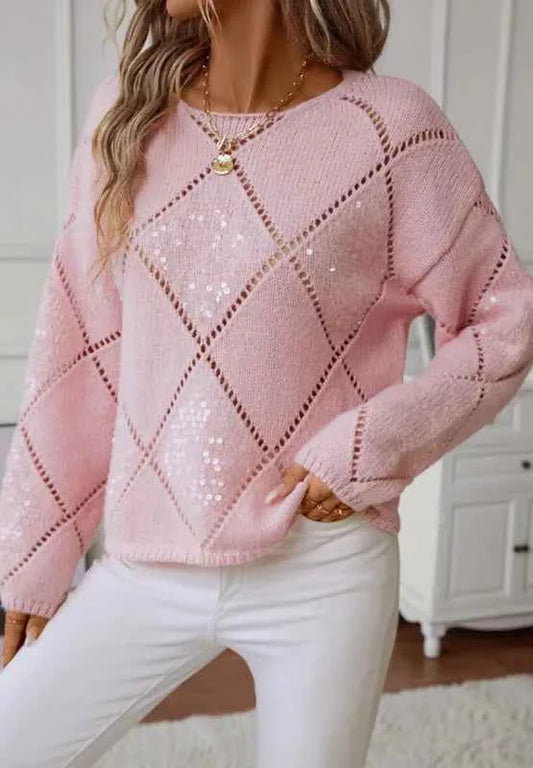 Openwork Sequin Round Neck Long Sleeve Sweater