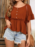 Frill Decorative Button Round Neck Half Sleeve Blouse