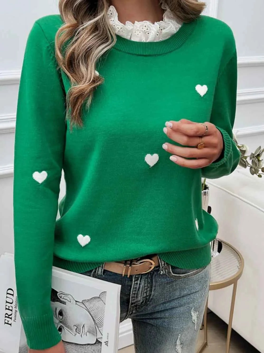 Devine Lace Detail Heart Long Sleeve Sweater