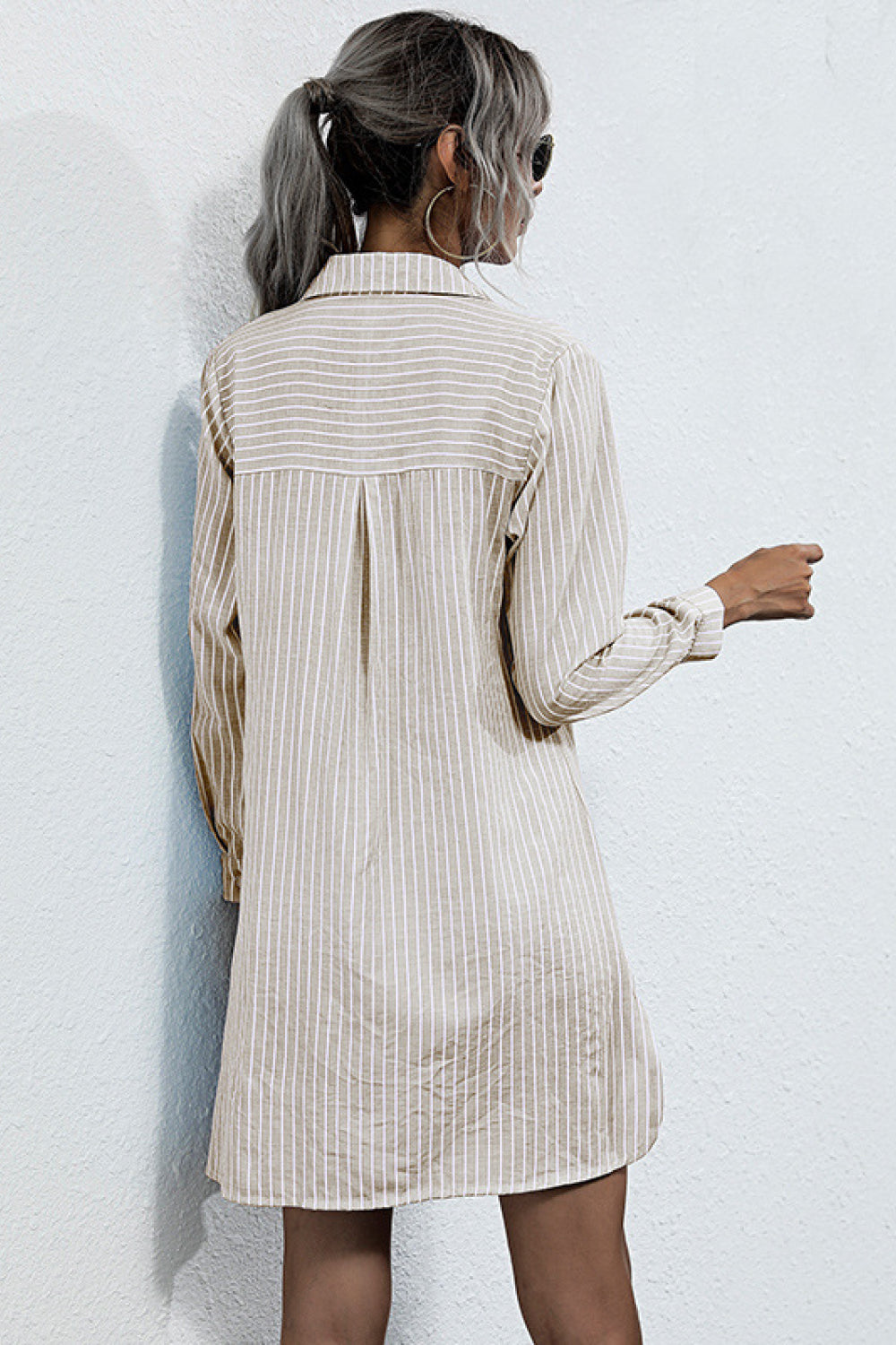 Perfee Lace Up Collar Shirt Dress