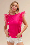 BiBi Pearl Decor Mesh Ruffle Sleeve Top