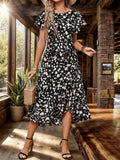 Perfee Printed Round Neck Flutter Sleeve Midi Dress