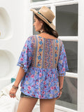 Plus Size Printed V-Neck Half Sleeve Blouse