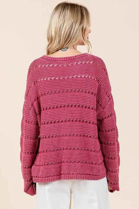 Mittoshop Openwork Round Neck Drop Shoulder Sweater