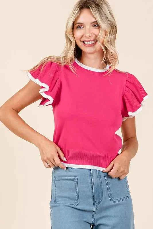 Mittoshop Contrast Trim Ruffled Cap Sleeve Knit Top