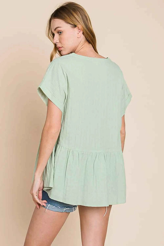 Cotton Bleu by Nu Lab Ruched Notched Short Sleeve Blouse