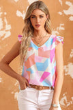 Ruffled Geometric V-Neck Blouse