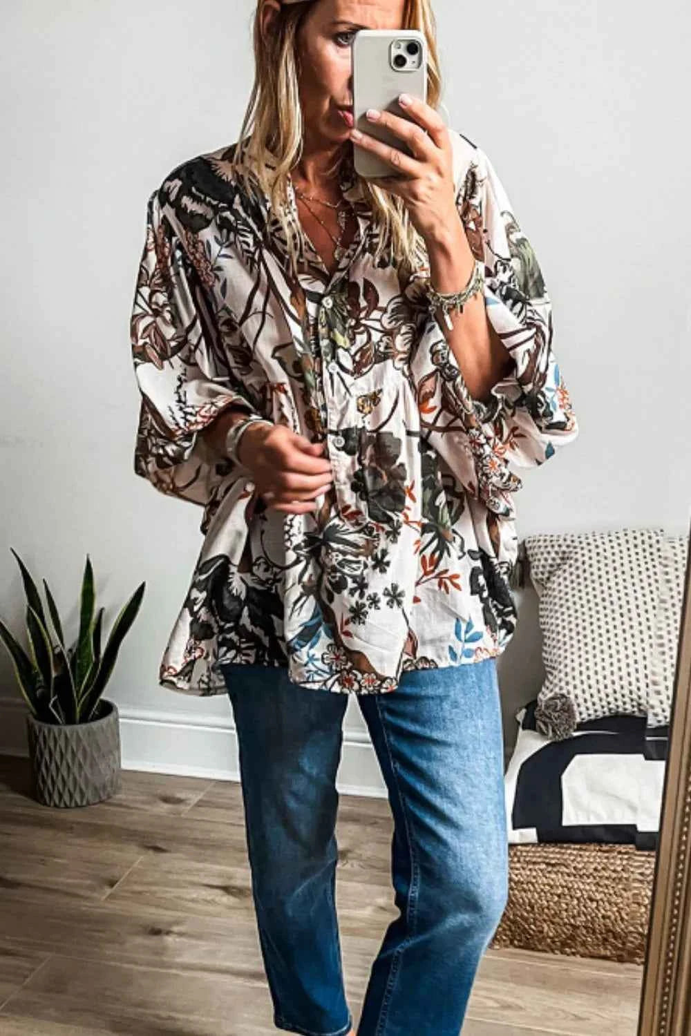Printed Notched Flounce Sleeve Blouse