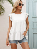Ivy Lane Round Neck Flutter Sleeve Tiered Blouse