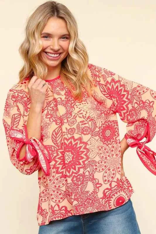 Haptics Ribbon Bow Detail Floral Round Neck Blouse