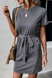 Perfee Decorative Button Tie-Waist Cuffed Sleeve Tee Dress