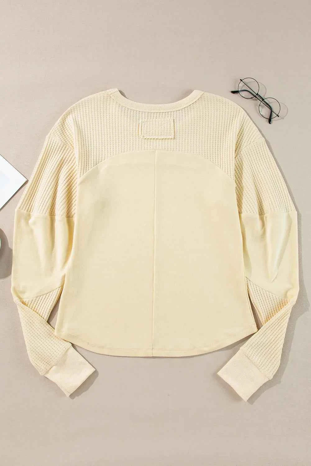 Waffle-Knit Round Neck Long Sleeve Top